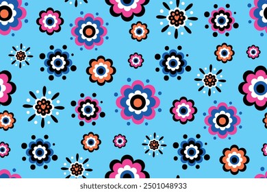 Patrón floral con flores decorativas impresas sobre fondo azul para la moda textil, ropa, papel de regalo.