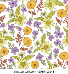 Patrón floral con plantas de jardín decorativas en colores multicolores y con muchos detalles sobre un fondo transparente