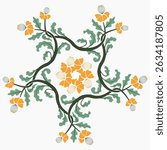 Floral pattern, decorative motif, nature-inspired,symmetrical design features intertwined green vines with yellow-orange flowers, evoking traditional botanical art. Ideal for textiles, invitation