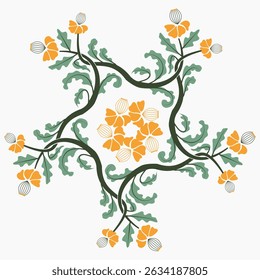 Floral pattern, decorative motif, nature-inspired,symmetrical design features intertwined green vines with yellow-orange flowers, evoking traditional botanical art. Ideal for textiles, invitation