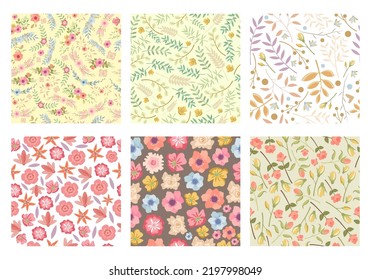 floral pattern. decorative textile fabric fashioned template of flowers leaves and buds botanical seamless backgrounds collection. Vector set