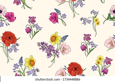 Floral pattern, delicate flower seamless background. Hand drawn artwork, vector wallpaper.