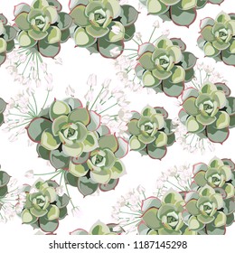 Floral pattern, delicate flower wallpaper, white herbs and green succulent. Delicate feminine pattern on the light background.