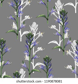 Floral pattern, delicate flower wallpaper,  violet bells. Delicate feminine pattern on the grey background.