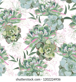 Floral pattern, delicate flower wallpaper, white herbs and green pink succulent. Delicate feminine pattern on the white background.