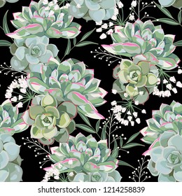 Floral pattern, delicate flower wallpaper, white herbs and green pink succulent. Delicate feminine pattern on the black background.