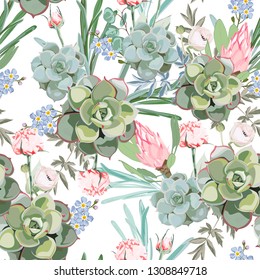 Floral pattern, delicate pink protea flower wallpaper, white herbs and green pink succulent. Delicate feminine pattern on the white background.