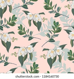 Floral pattern with delicate white flowers on pink background. Seamless vector background for fabrics and prints.
