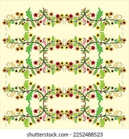 Floral pattern design arranged in loops with various flowers and leaves on off white color background.