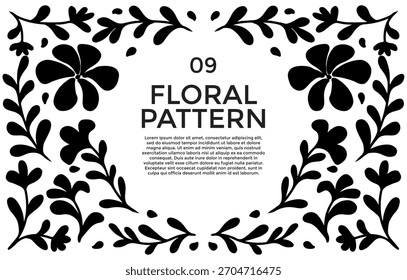 Diseño de patrón floral con flores estilizadas negras, hojas y ramas dispuestas alrededor de un área central de texto sobre un fondo blanco.