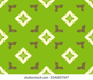 Floral pattern design featuring green background, white flowers, and brown accents. This vibrant and cheerful design is perfect for textiles and home decor.