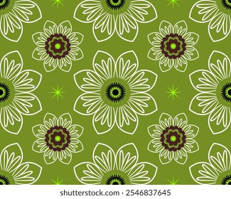 Floral pattern design featuring large flowers with intricate details on green background. vibrant colors and shapes create lively and cheerful atmosphere.