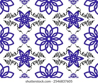 Diseño de patrón floral con flores moradas y detalles negros intrincados. Este diseño vibrante y elegante es perfecto para textiles, Fondos de pantalla y arte decorativo.