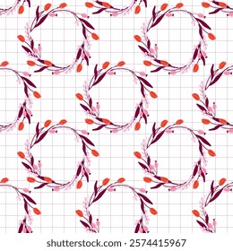 Floral pattern design featuring vibrant leaves and blossoms on grid background. Beautiful vintage print with plant wreathes. Perfect for textiles and wrapping paper. Flat style vector illustration.