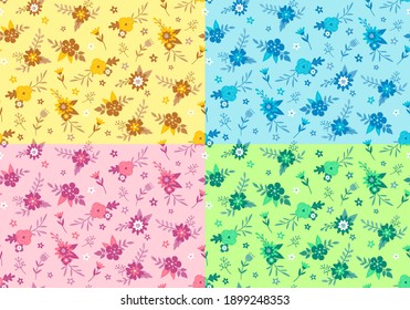 Floral pattern design. Four seamless patterns with beautiful analogous color combinations.