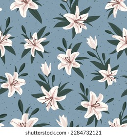 Floral pattern design with lily, petal and leaves, vector illustration, blue background with dots, light pink flowers, seamless repeat, trendy textile print for women, home decor, vintage style