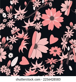 Diseño de patrones florales con fondo negro y flor.Patrones florales sin fisuras
para camisetas, fondos de pantalla, postales, tarjetas de felicitación, invitaciones para bodas.