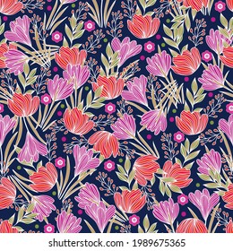 Diseño de patrones florales sobre fondo azul oscuro. Diseño de patrones de vector
