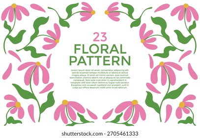 Floral pattern design with pink daisy-like flowers, green leaves, and petals arranged symmetrically around a central text area on a white background.