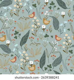 Floral pattern with different flowers, leaves, berries and cute birds. Vector illustration with plants and animals, seamless pattern.