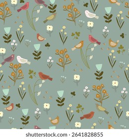 Floral pattern with different flowers and leaves, bees and birds on turquoise background. Vector illustration with flowers and birds.