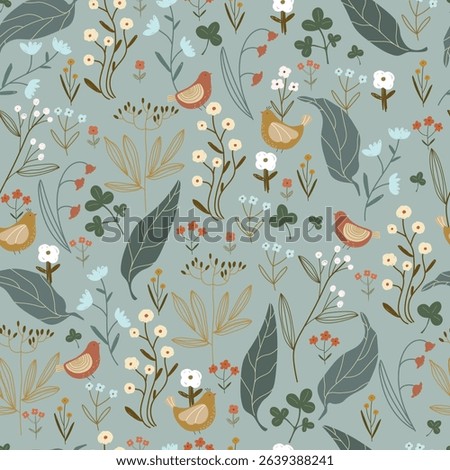 Floral pattern with different flowers, leaves, berries and cute birds. Vector illustration with plants and animals, seamless pattern.