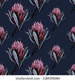Floral pattern with digital watercolor protea. Seamless background for fabric design. Cute and beautiful watercolor vector illustration on blue backdrop.