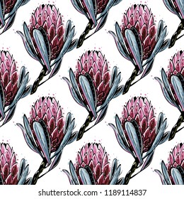 Floral pattern with digital watercolor protea. Seamless background for fabric design. Cute and beautiful watercolor vector illustration on white backdrop.