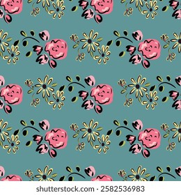 A floral pattern is displayed on a white background. The flowers are of various sizes and colors, and they are scattered throughout the image. Scene is cheerful and bright, as the flowers are vibrant