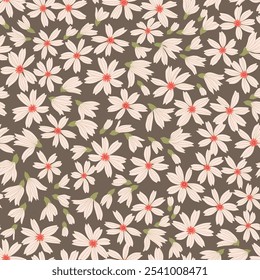 Floral pattern. Ditsy floral pattern. chamomile flowers on light brown background. Printing with small pale white flowers. Cute print. Seamless vector texture. Liberty design. Spring motif.