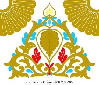 Floral Pattern. Dominated By Color Gold. Hand Fan In The Corner. From Bottom To Up Pattern.  