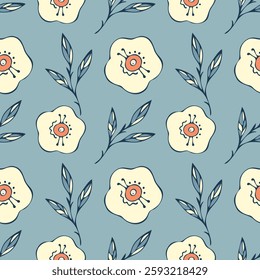 Floral pattern of doodle flowers, stylized flowers and leaves, on blue background. For textiles, packaging, wallpaper, backdrops.