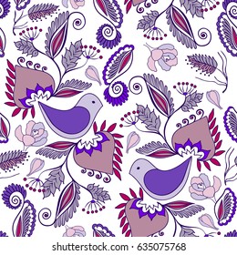 Floral pattern in doodle style with abstract birds and flowers