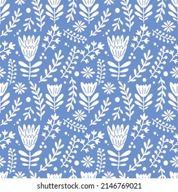 Patrón floral en forma de doodle con flores y hojas. Para impresiones de tela, papel pintado, tapicería, lujo, elegante