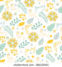 Floral pattern in doodle style with flowers and leaves. Spring floral background.