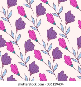 Floral pattern in doodle style with flowers and leaves. Spring floral background.