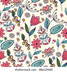 Floral pattern in doodle style with flowers and leaves. Spring floral background.