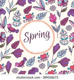 Patrón floral en estilo doodle con flores y hojas. Fondo floral de primavera.