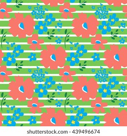 Floral pattern in doodle style with flowers and leaves. Trendy retro background