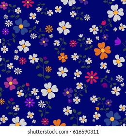 Floral pattern in doodle style isolated on blue backdrop,vector illustration.Trendy flowers for poster,placard,cover and wallpaper.Gentle floral background