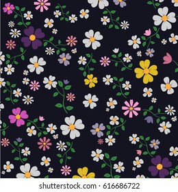 Floral pattern in doodle style isolated on black backdrop,vector illustration.Trendy flowers for poster,placard,cover and wallpaper.Gentle floral background