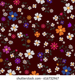 Floral pattern in doodle style isolated on black backdrop,vector illustration.Trendy flowers for poster,placard,cover and wallpaper.Gentle floral background