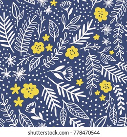 Floral pattern in doodle style. Seamless background with flowers and leaves. 