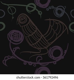 Floral pattern, doodles, bird, branches, leaves, seamless . Hand drawn.