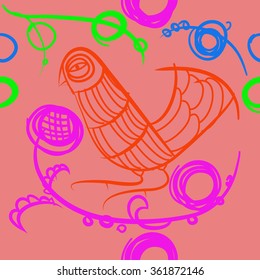 Floral pattern, doodles, bird, branches, leaves, seamless . Hand drawn.