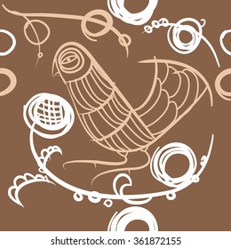 Floral pattern, doodles, bird, branches, leaves, seamless . Hand drawn.
