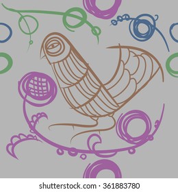 Floral pattern, doodles, bird, branches, leaves, seamless . Hand drawn.