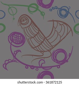 Floral pattern, doodles,bagels, bird, branches, leaves, seamless . Hand drawn.