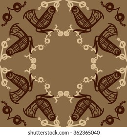 Floral pattern, doodles,bagels, bird, branches, leaves, circular . Hand drawn.