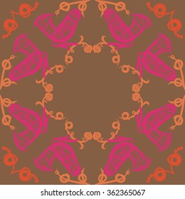Floral pattern, doodles,bagels, bird, branches, leaves, circular . Hand drawn.